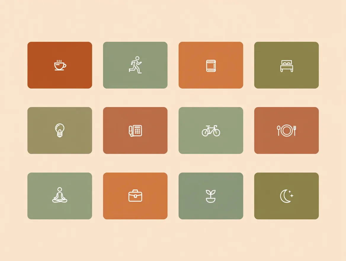 Grid of soft rounded rectangles in muted natural tones representing modular and interchangeable daily routine elements